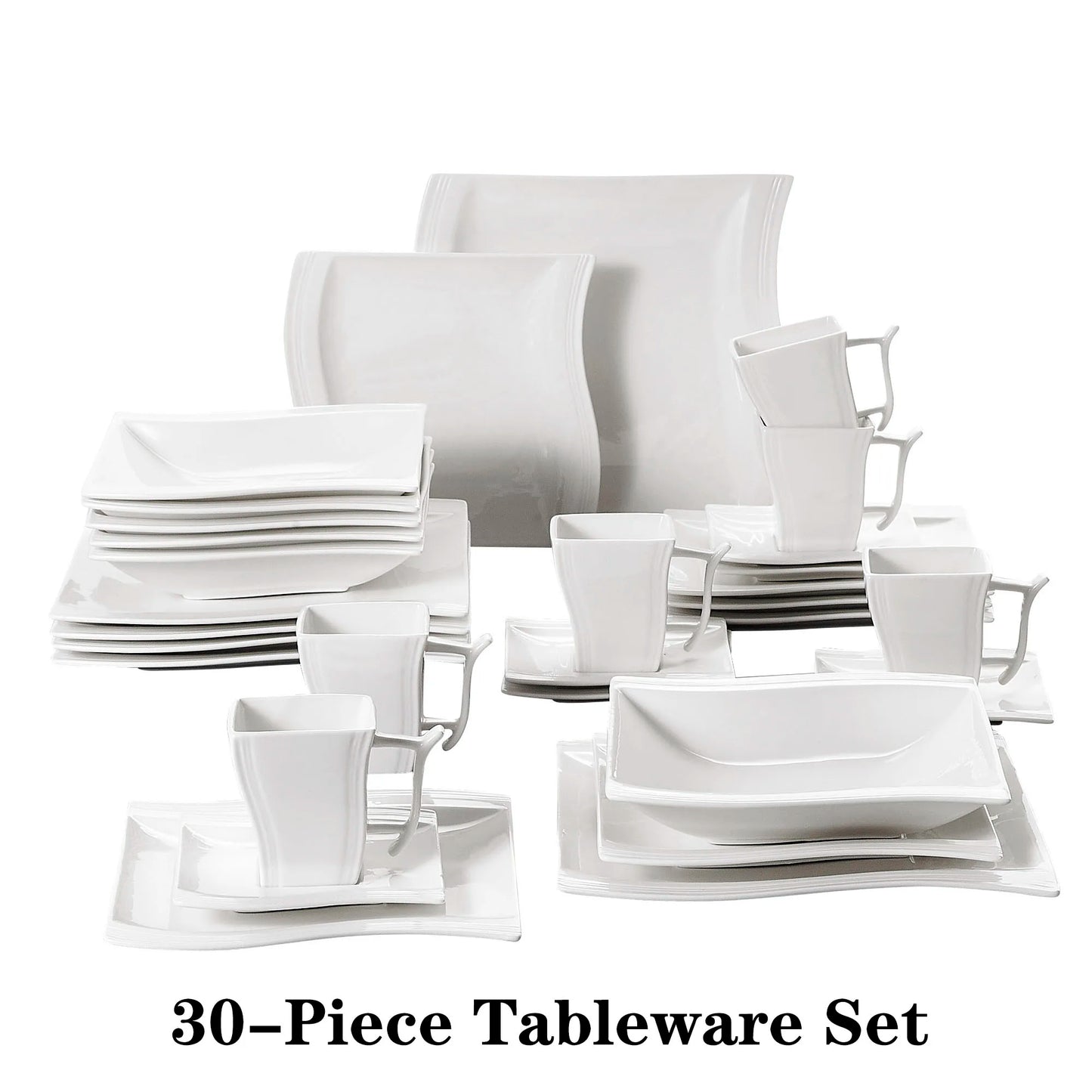 MALACASA FLORA 30/60-Piece White Porcelain Dinnerware Set for 6 & 12, Includes Cups, Saucers, Dessert & Soup Plates