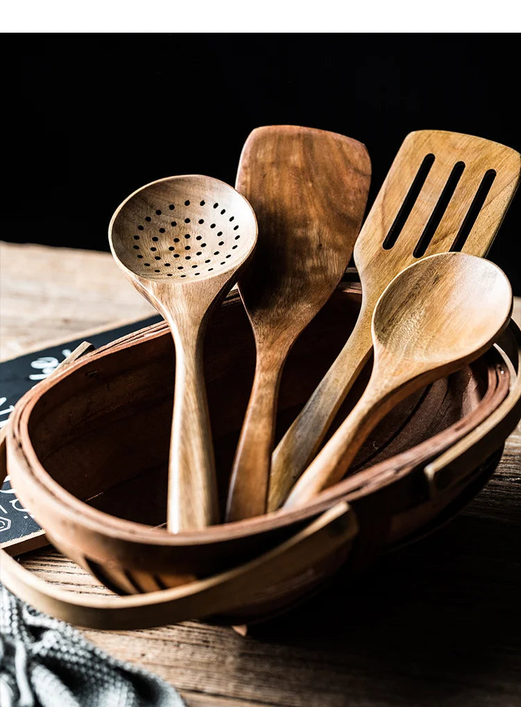 9-Piece Wooden Cooking Utensils Set with Holder, Teak Wood Spoons & Kitchen Tools