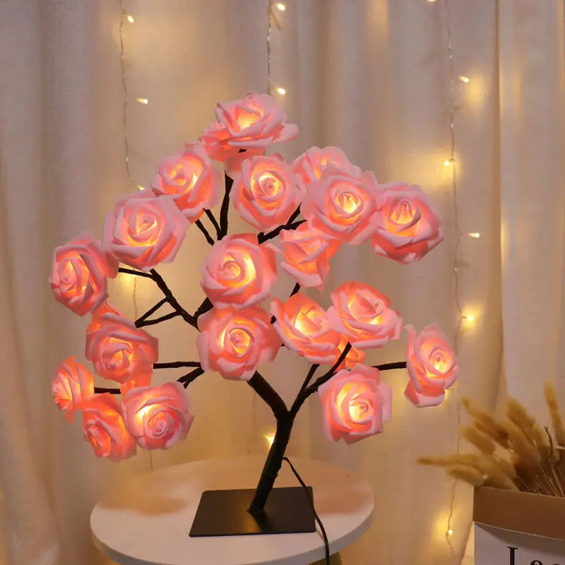 24 LED Rose Tree Table Lamp – USB Powered Fairy Flower Night Light for Home, Bedroom, Party, Wedding & Christmas Decor