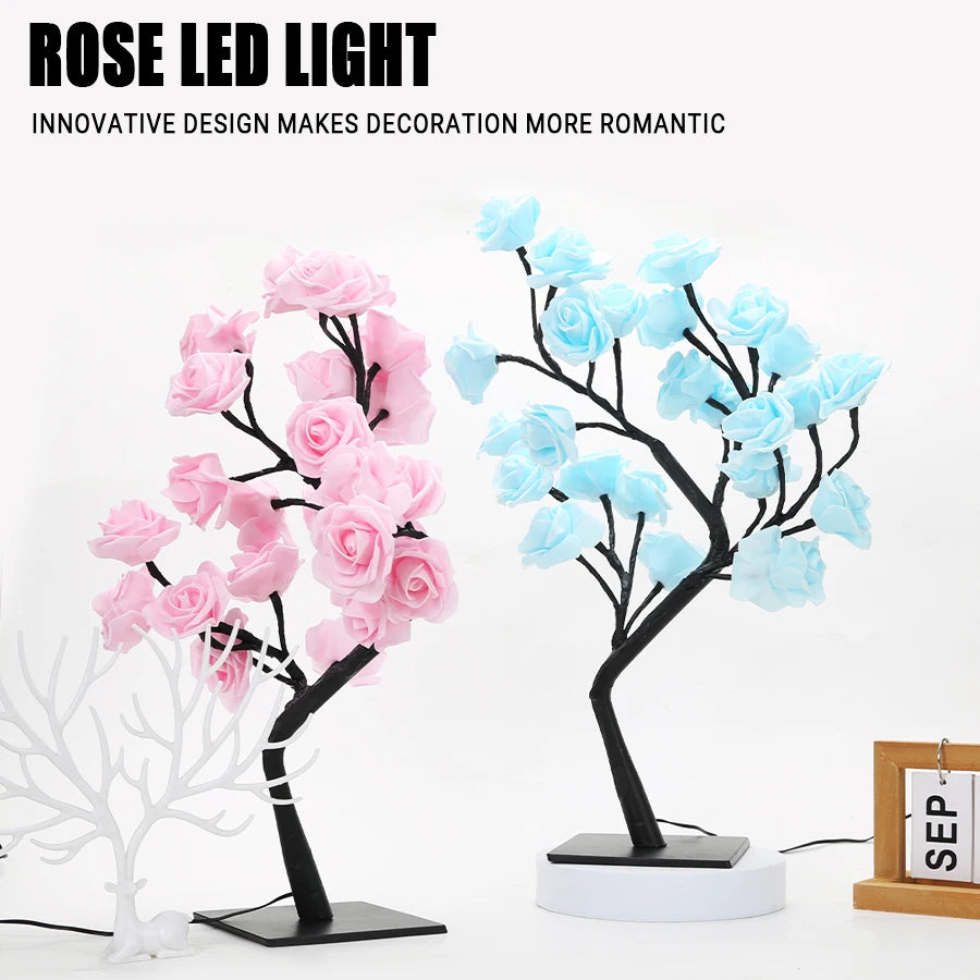24 LED Rose Tree Table Lamp – USB Powered Fairy Flower Night Light for Home, Bedroom, Party, Wedding & Christmas Decor