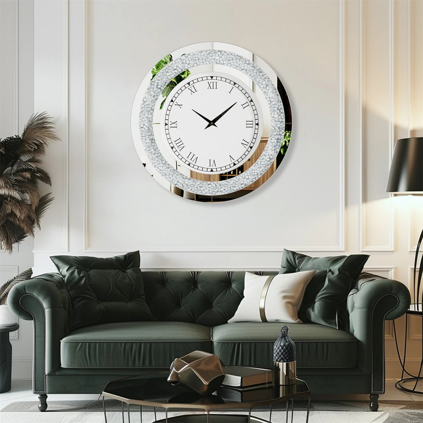 60/80CM Silver Mirrored Wall Clock | Glam Sparkle Round Home Decor