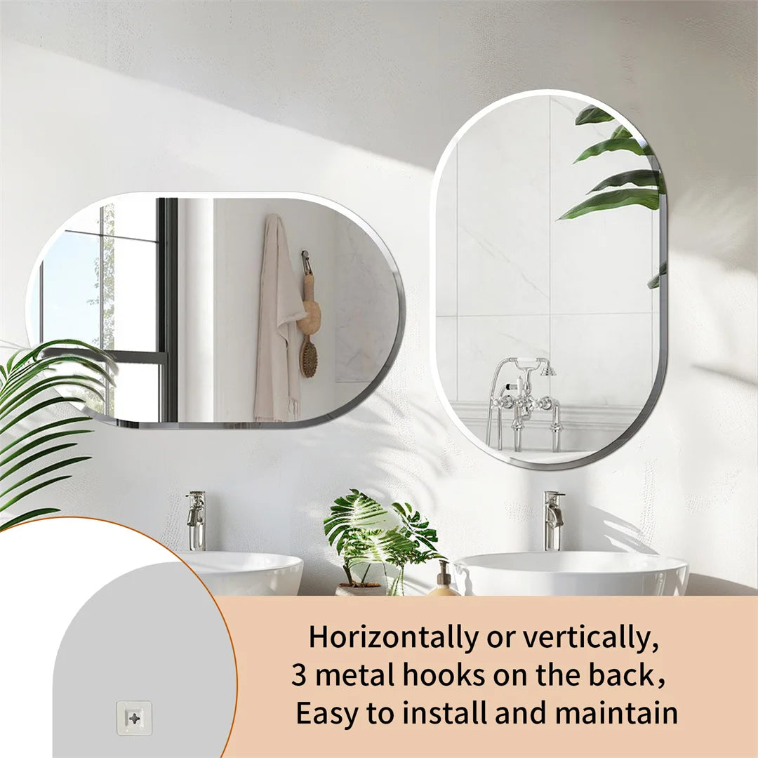 Frameless Long Oval Wall Mirror with Beveled Edge – Silver Glass Vanity Mirror for Bathroom & Entryway