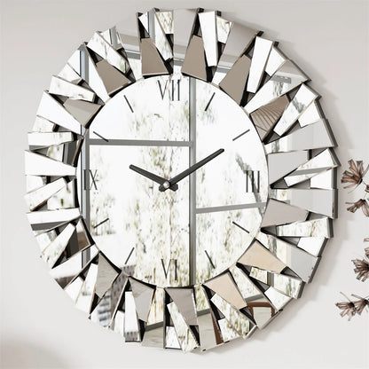 Large 32” 3D Mirrored Wall Clock – Sunburst Design with Roman Numerals for Living Room Decor