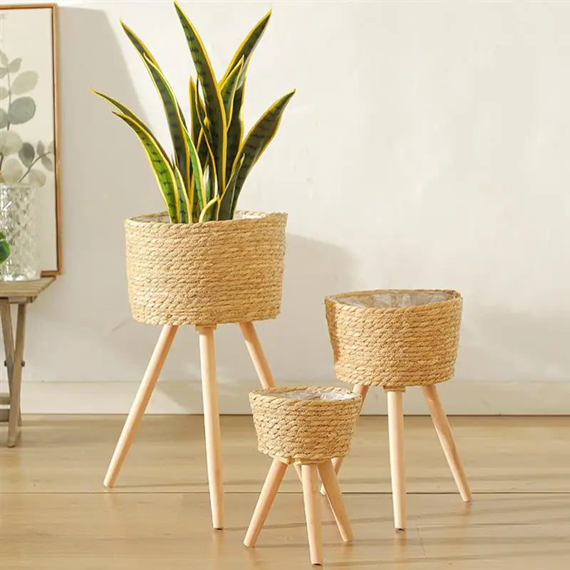 Wood Woven Plant Tripod Household Indoor Basket for Plants