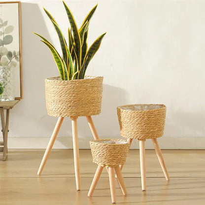 Wood Woven Plant Tripod Household Indoor Basket for Plants