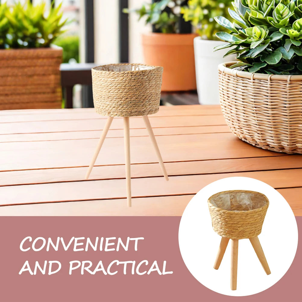 Wood Woven Plant Tripod Household Indoor Basket for Plants