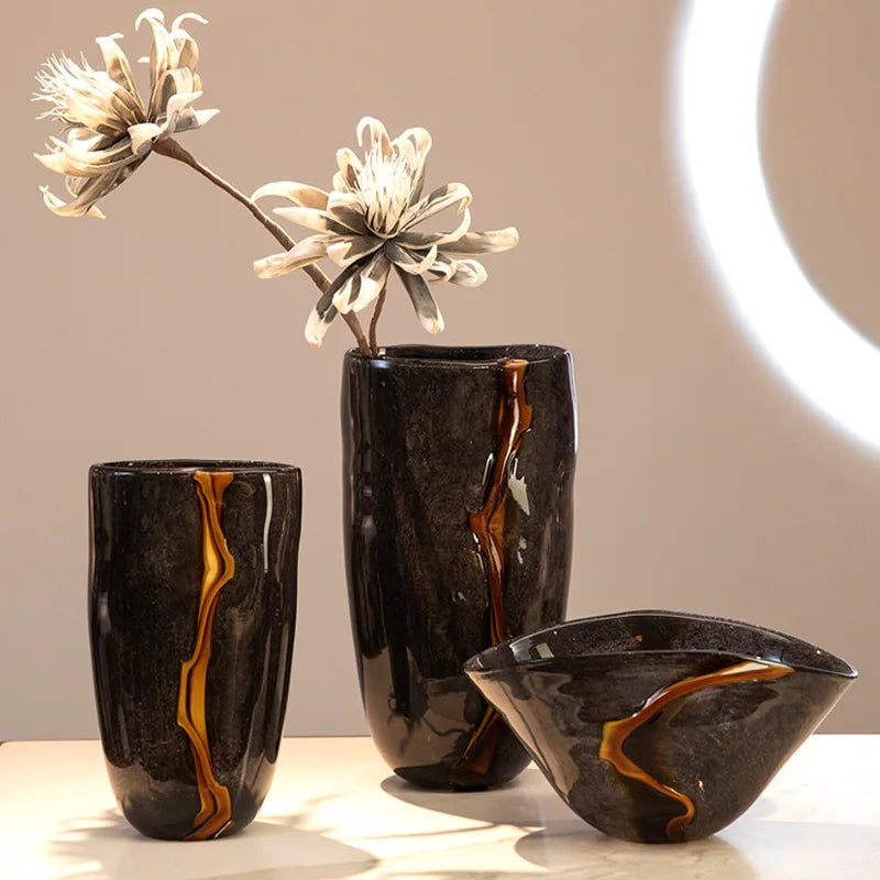 1PC High-End Black & Orange Veined Retro Flower Vase, Modern Soft Decoration for Home Decor