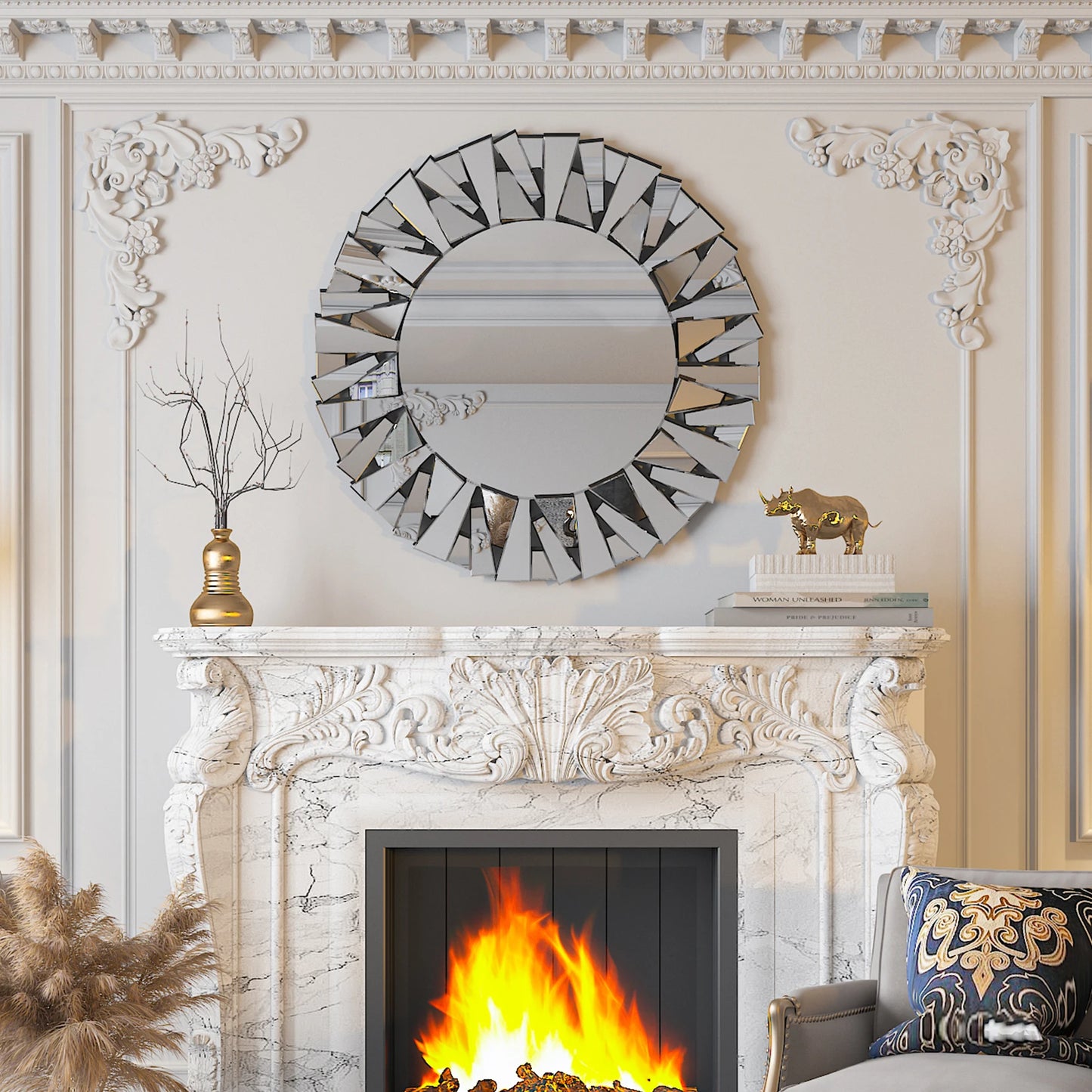 32" Round Sunburst Wall Mirror Silver Decorative Modern Hanging
