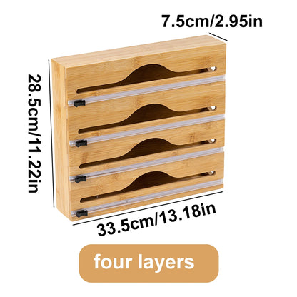 Bamboo Kitchen Wrap Dispenser with Built-In Cutter for Foil, Cling Film & Bags – Multi-Use Storage & Easy Cutting Organizer