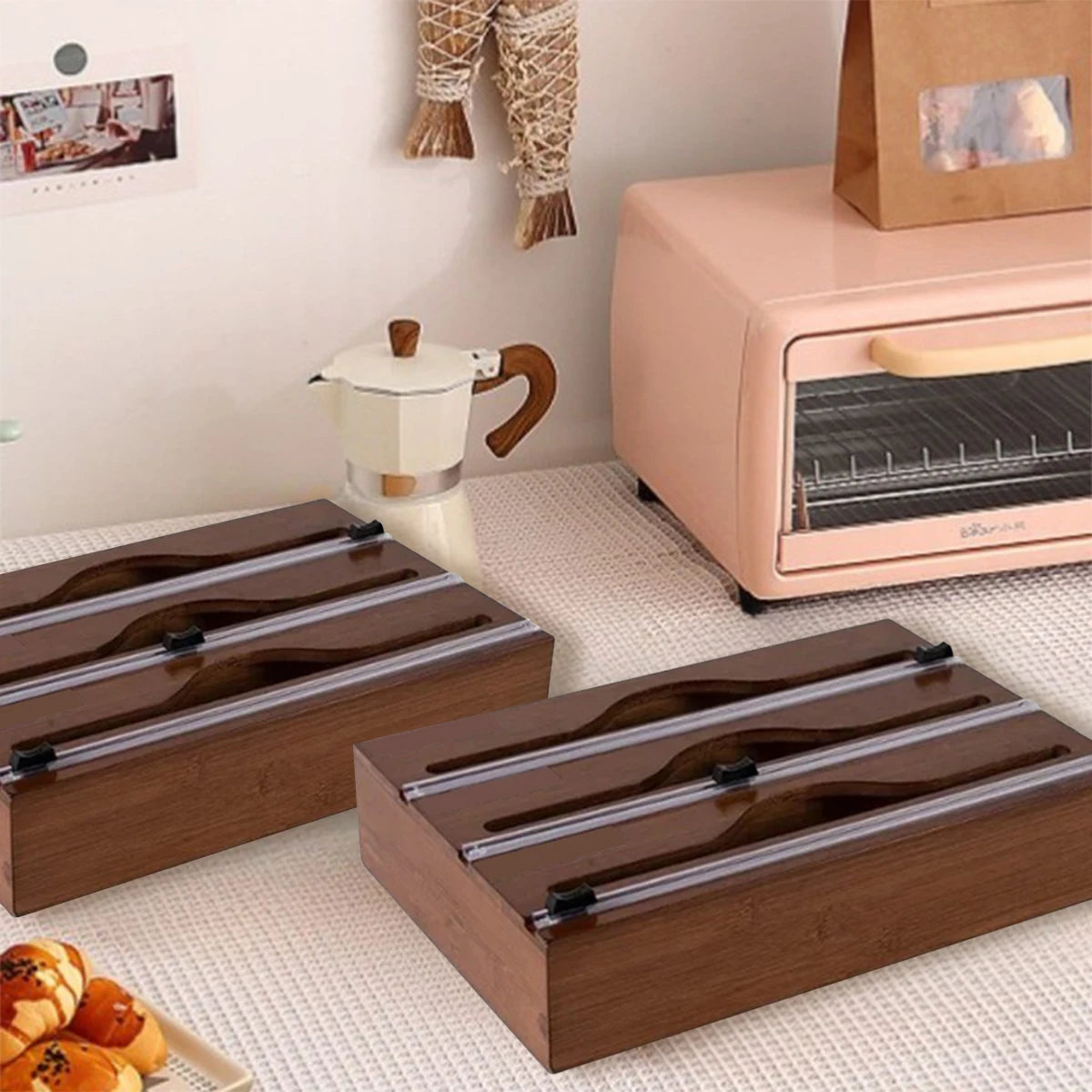 Bamboo Kitchen Wrap Dispenser with Built-In Cutter for Foil, Cling Film & Bags – Multi-Use Storage & Easy Cutting Organizer