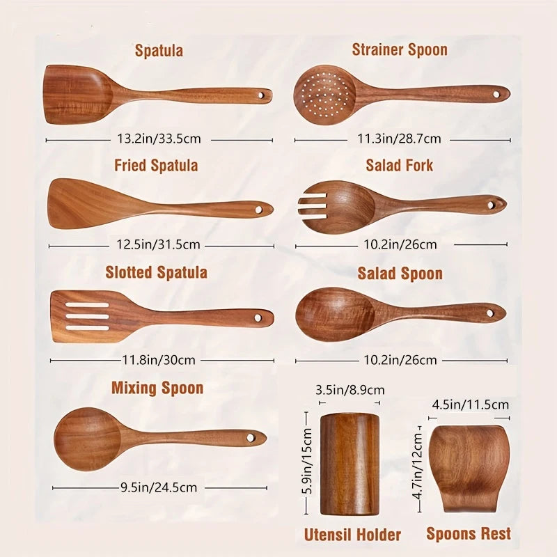 9-Piece Wooden Cooking Utensils Set with Holder, Teak Wood Spoons & Kitchen Tools