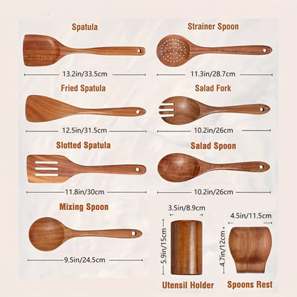 9-Piece Wooden Cooking Utensils Set with Holder, Teak Wood Spoons & Kitchen Tools