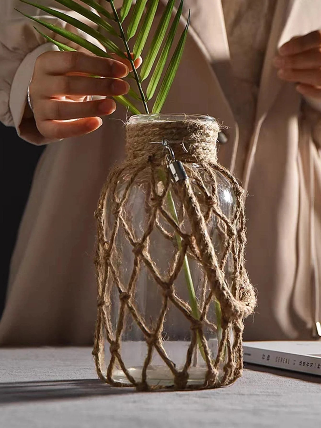 Rustic Hanging Rope Net Dry Flower Glass Vase