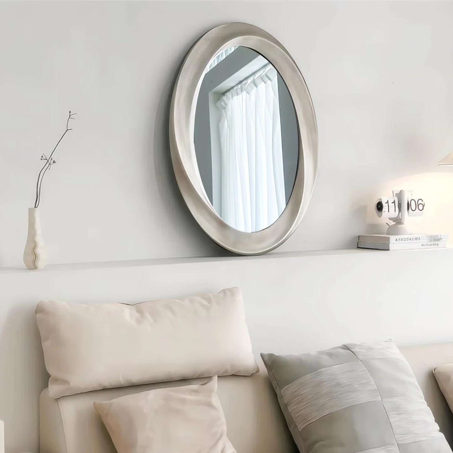 Large Oval Wall Mirror 32″ × 24″ – Baroque Silver Glass Vanity Mirror with Brass Edge Frame for Modern Home Decor