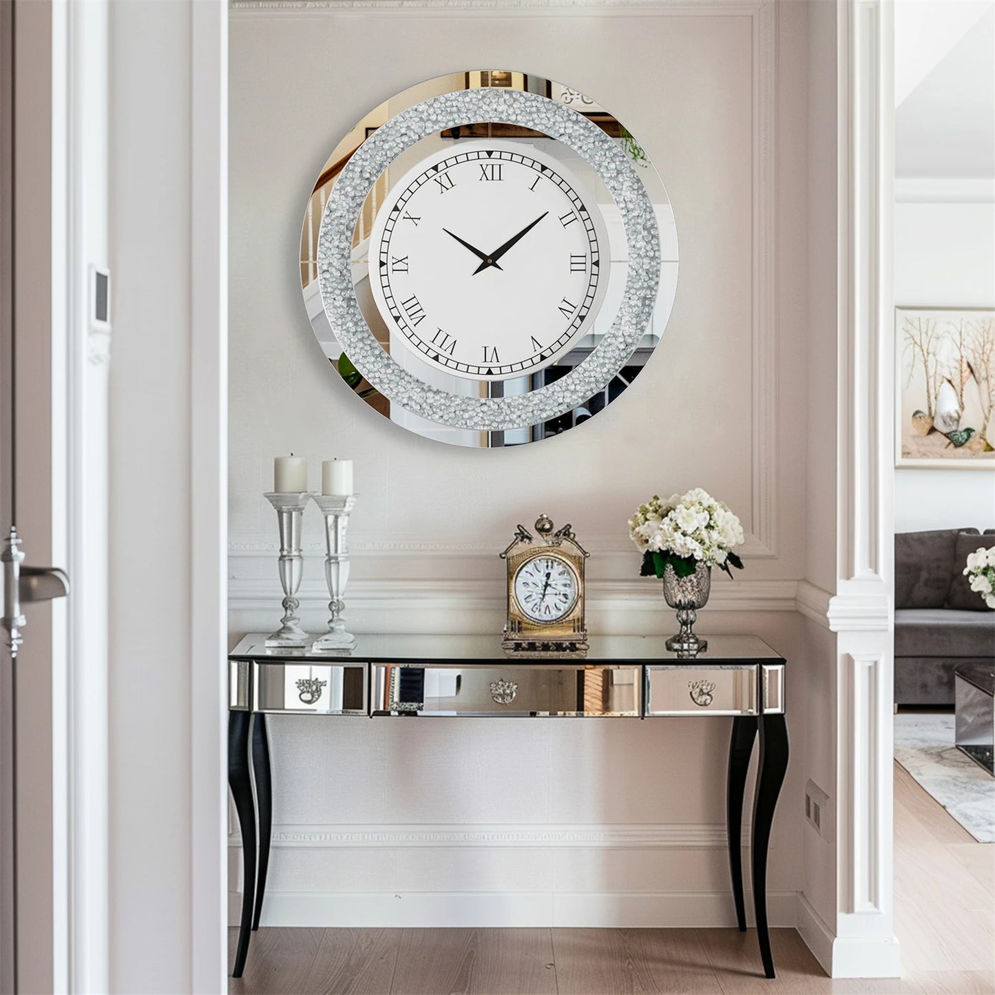 60/80CM Silver Mirrored Wall Clock | Glam Sparkle Round Home Decor