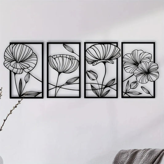 Metal Lotus Flower Wall Decor – 4-Piece Abstract Line Art Wall Hanging