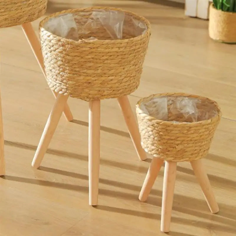 Wood Woven Plant Tripod Household Indoor Basket for Plants