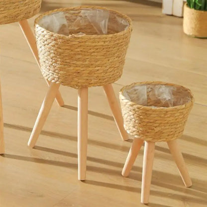 Wood Woven Plant Tripod Household Indoor Basket for Plants