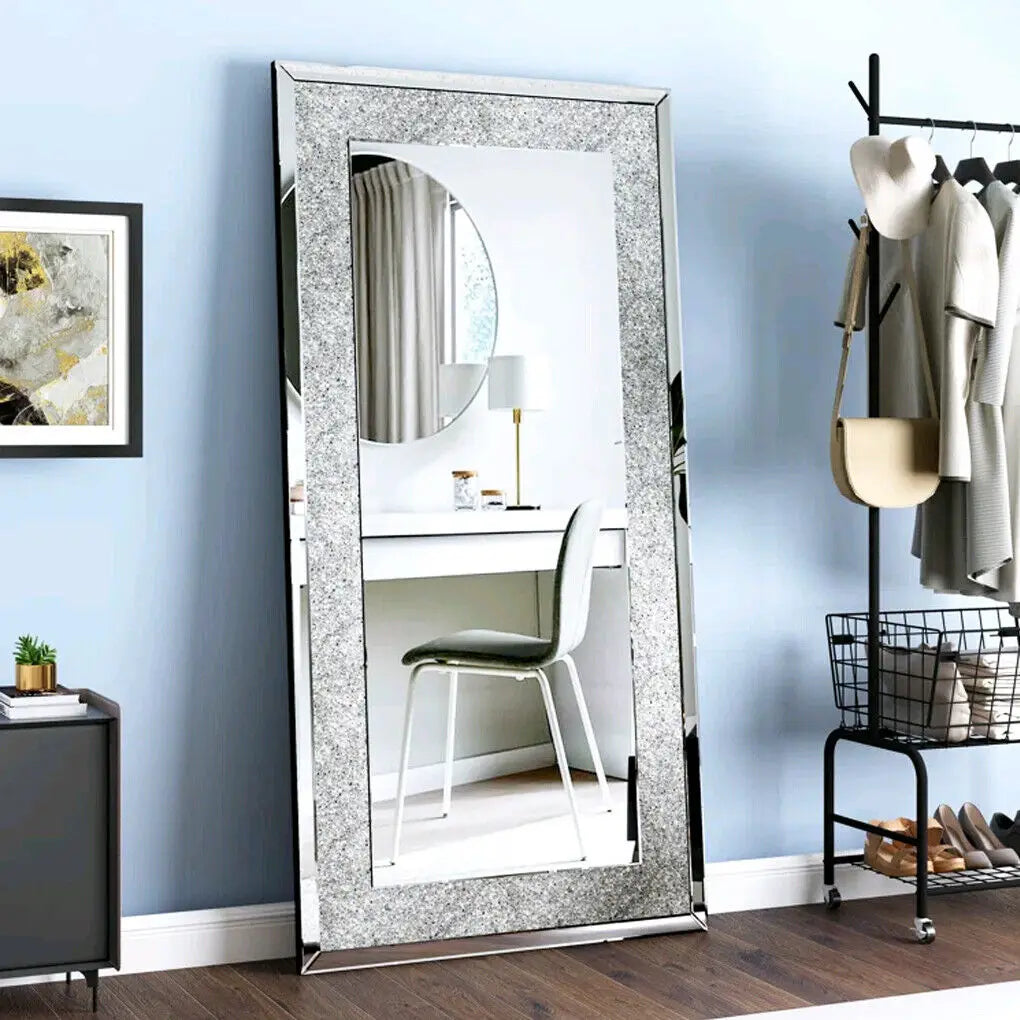 LUVODI Large Silver Crystal Wall Mirror Frameless Vanity Dressing Mirror
