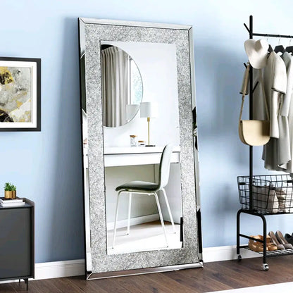 LUVODI Large Silver Crystal Wall Mirror Frameless Vanity Dressing Mirror