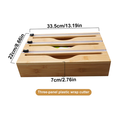 Bamboo Kitchen Wrap Dispenser with Built-In Cutter for Foil, Cling Film & Bags – Multi-Use Storage & Easy Cutting Organizer