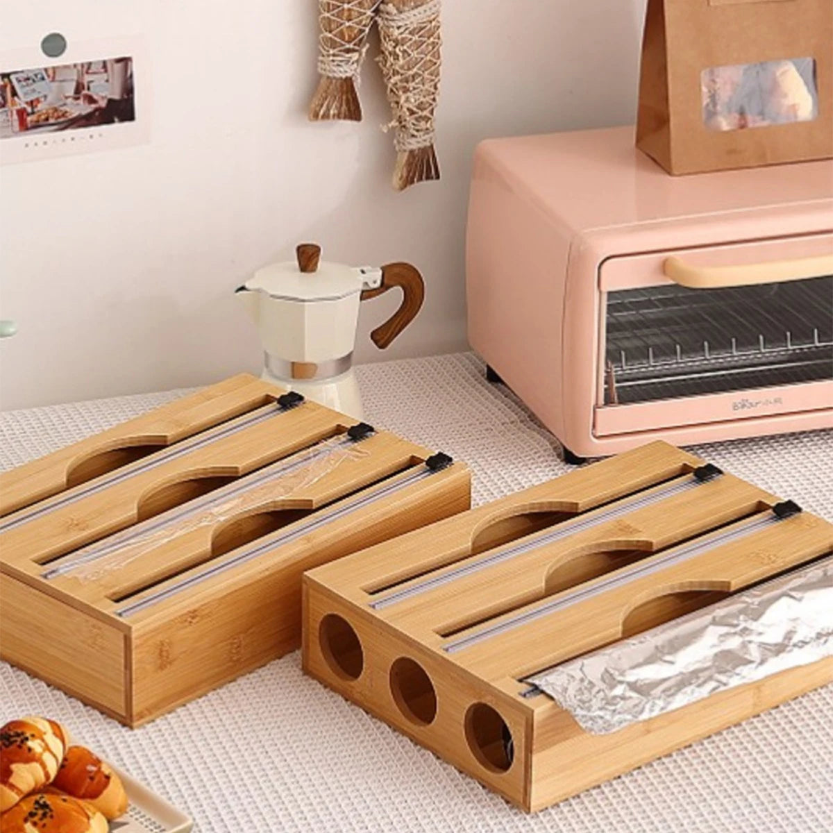 Bamboo Kitchen Wrap Dispenser with Built-In Cutter for Foil, Cling Film & Bags – Multi-Use Storage & Easy Cutting Organizer
