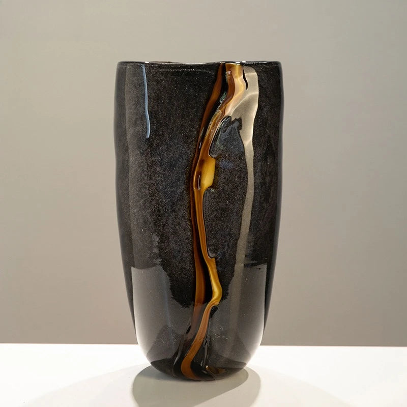 1PC High-End Black & Orange Veined Retro Flower Vase, Modern Soft Decoration for Home Decor