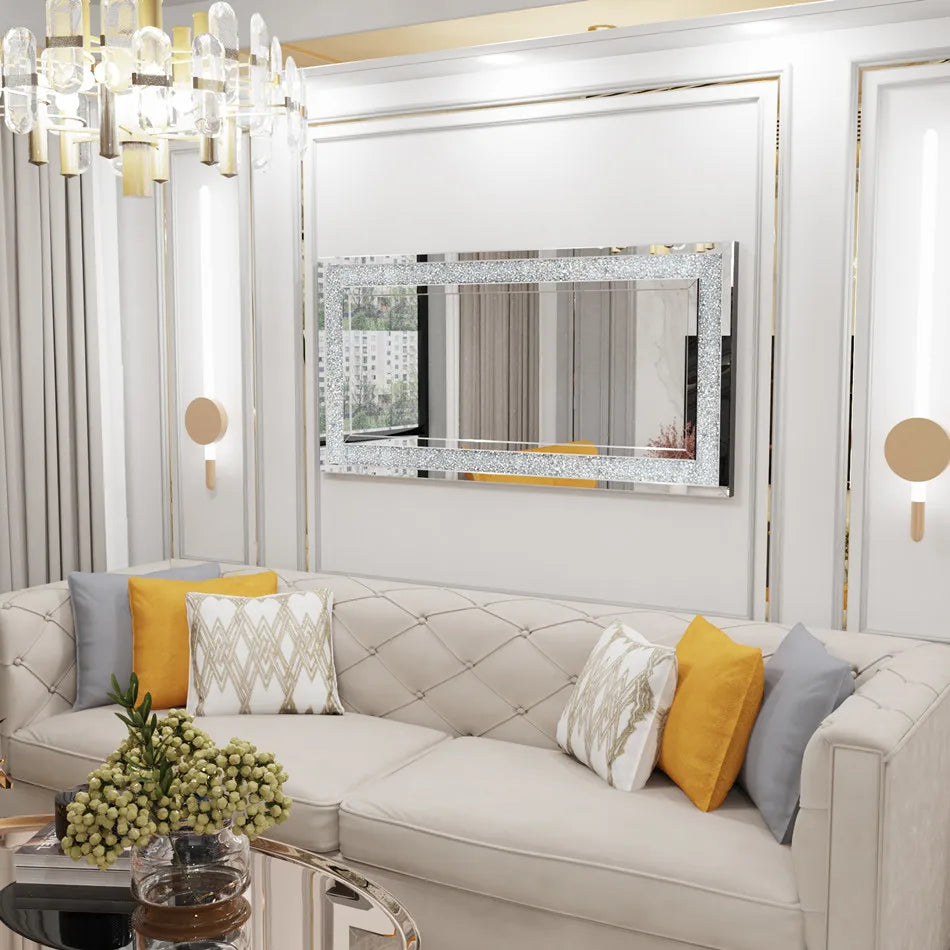 LUVODI Large Silver Crystal Wall Mirror Frameless Vanity Dressing Mirror