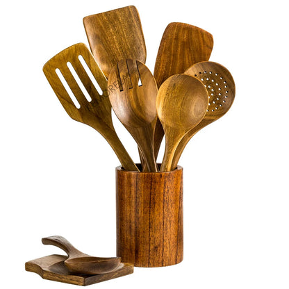 9-Piece Wooden Cooking Utensils Set with Holder, Teak Wood Spoons & Kitchen Tools