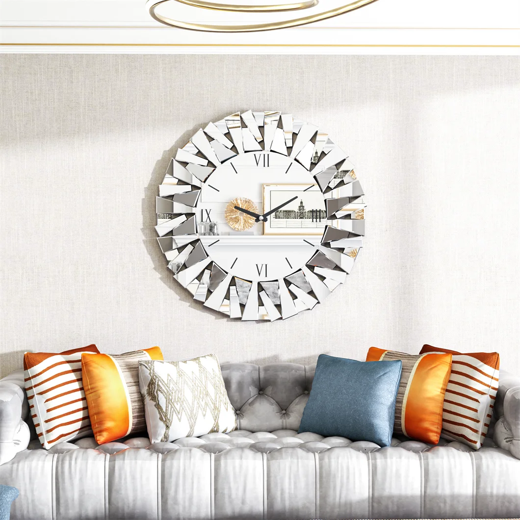 Large 32” 3D Mirrored Wall Clock – Sunburst Design with Roman Numerals for Living Room Decor