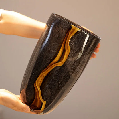 1PC High-End Black & Orange Veined Retro Flower Vase, Modern Soft Decoration for Home Decor