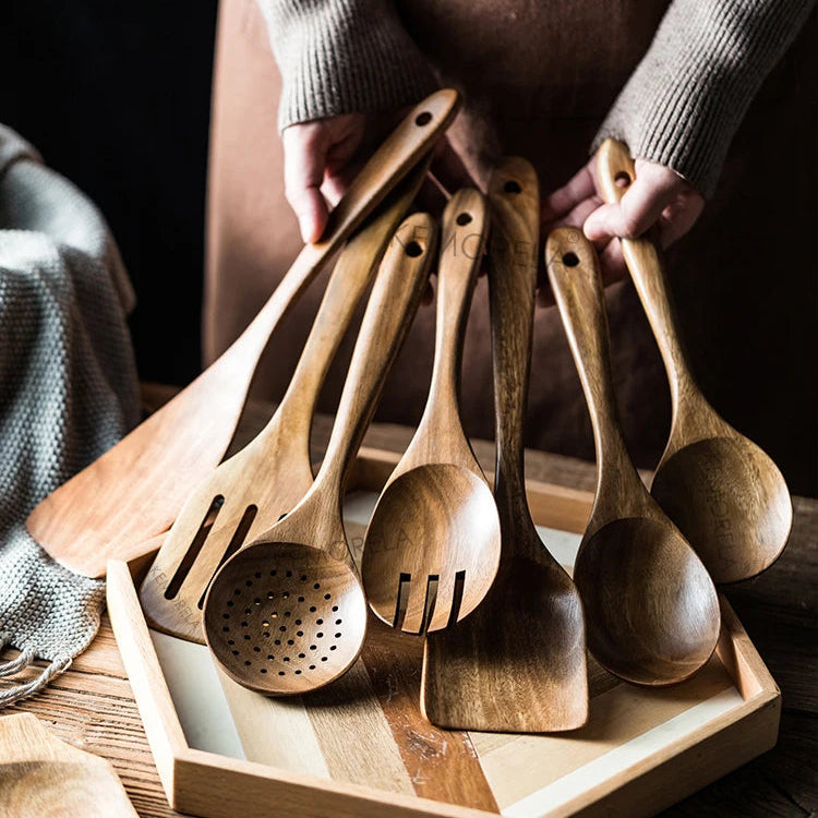 9-Piece Wooden Cooking Utensils Set with Holder, Teak Wood Spoons & Kitchen Tools