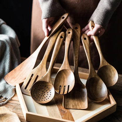 9-Piece Wooden Cooking Utensils Set with Holder, Teak Wood Spoons & Kitchen Tools