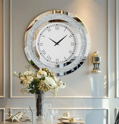 60/80CM Silver Mirrored Wall Clock | Glam Sparkle Round Home Decor