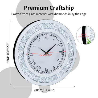 60/80CM Silver Mirrored Wall Clock | Glam Sparkle Round Home Decor