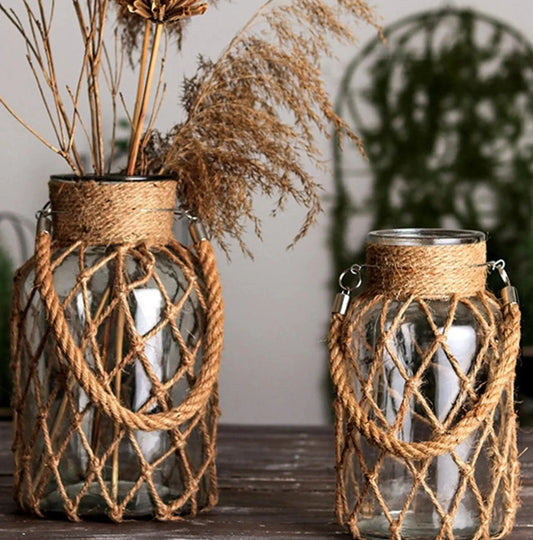 Rustic Hanging Rope Net Dry Flower Glass Vase