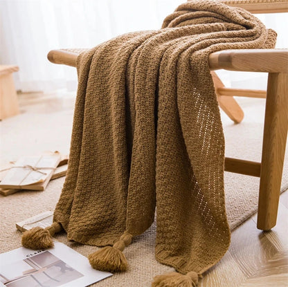 Knitted Blankets for Bed Sofa Couch with Tassel Plain Color Waffle Embossed Blanket