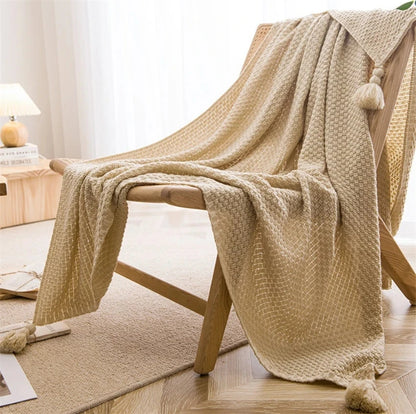 Knitted Blankets for Bed Sofa Couch with Tassel Plain Color Waffle Embossed Blanket