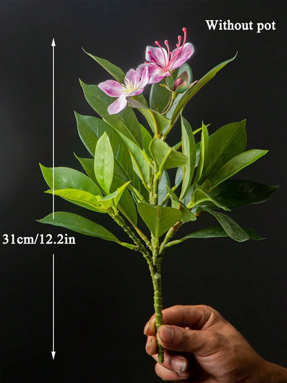 21–40cm Artificial Azalea Plant – Faux Rubber Tree with Tropical Palm Leaves & Flowers, Plastic Green Plant for Home Decor