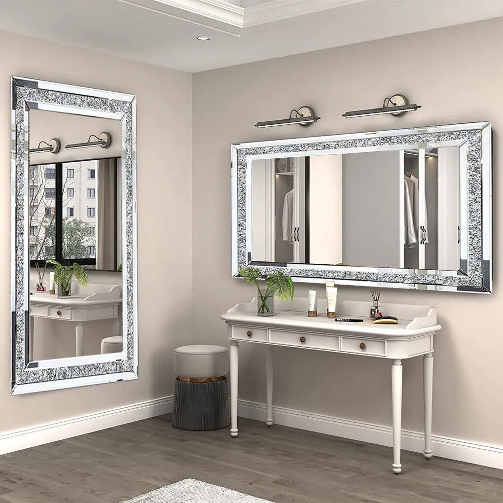 LUVODI Large Silver Crystal Wall Mirror Frameless Vanity Dressing Mirror