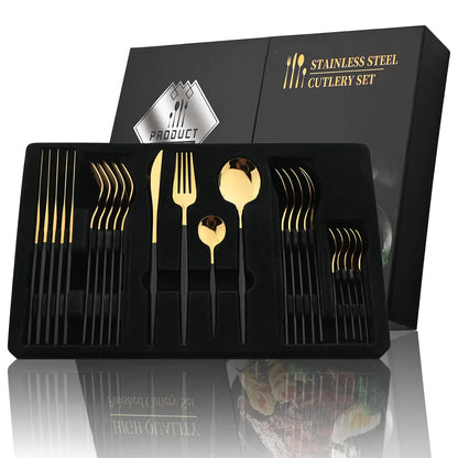 24Pcs Black Handle Golden Cutlery Stainless Steel Set