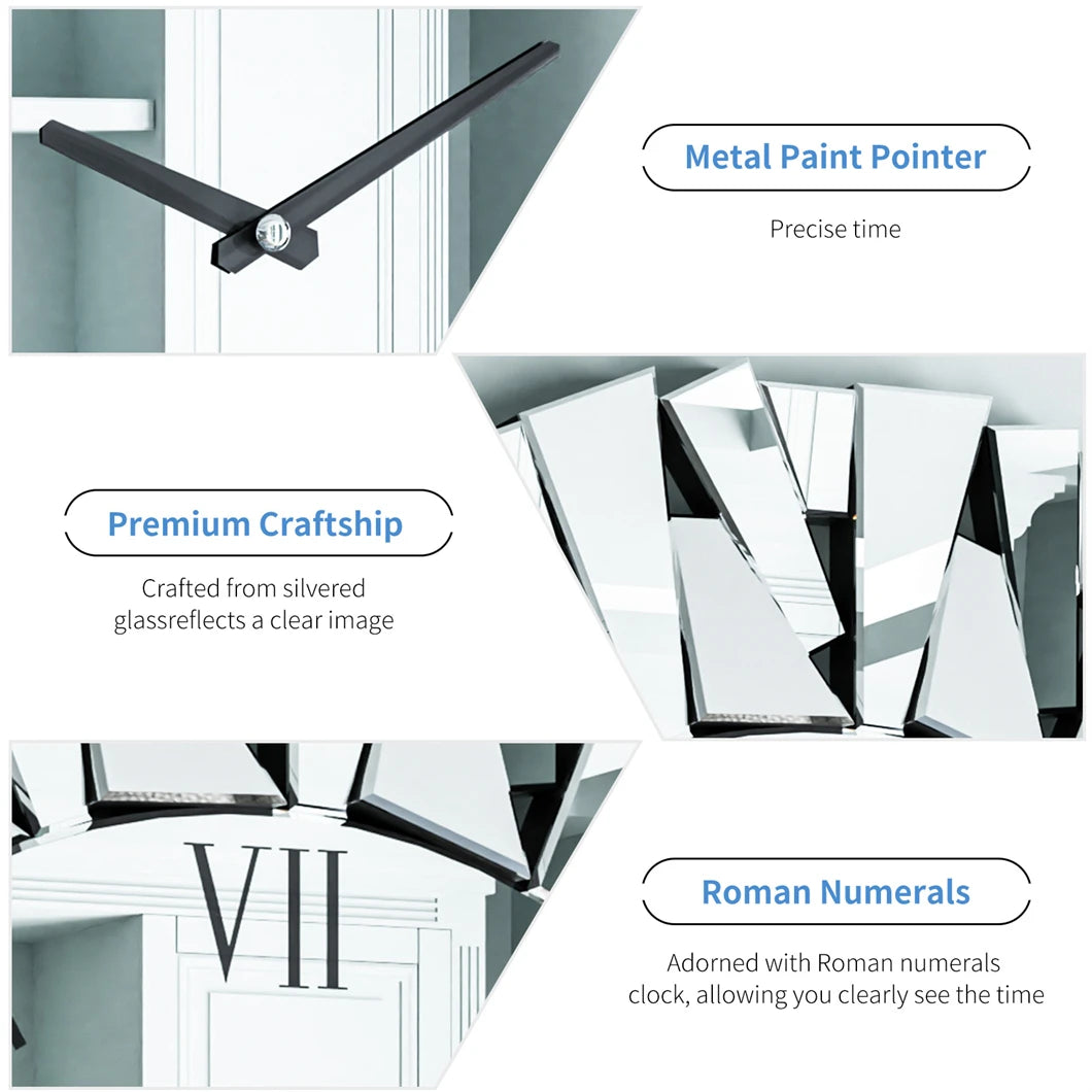 Large 32” 3D Mirrored Wall Clock – Sunburst Design with Roman Numerals for Living Room Decor