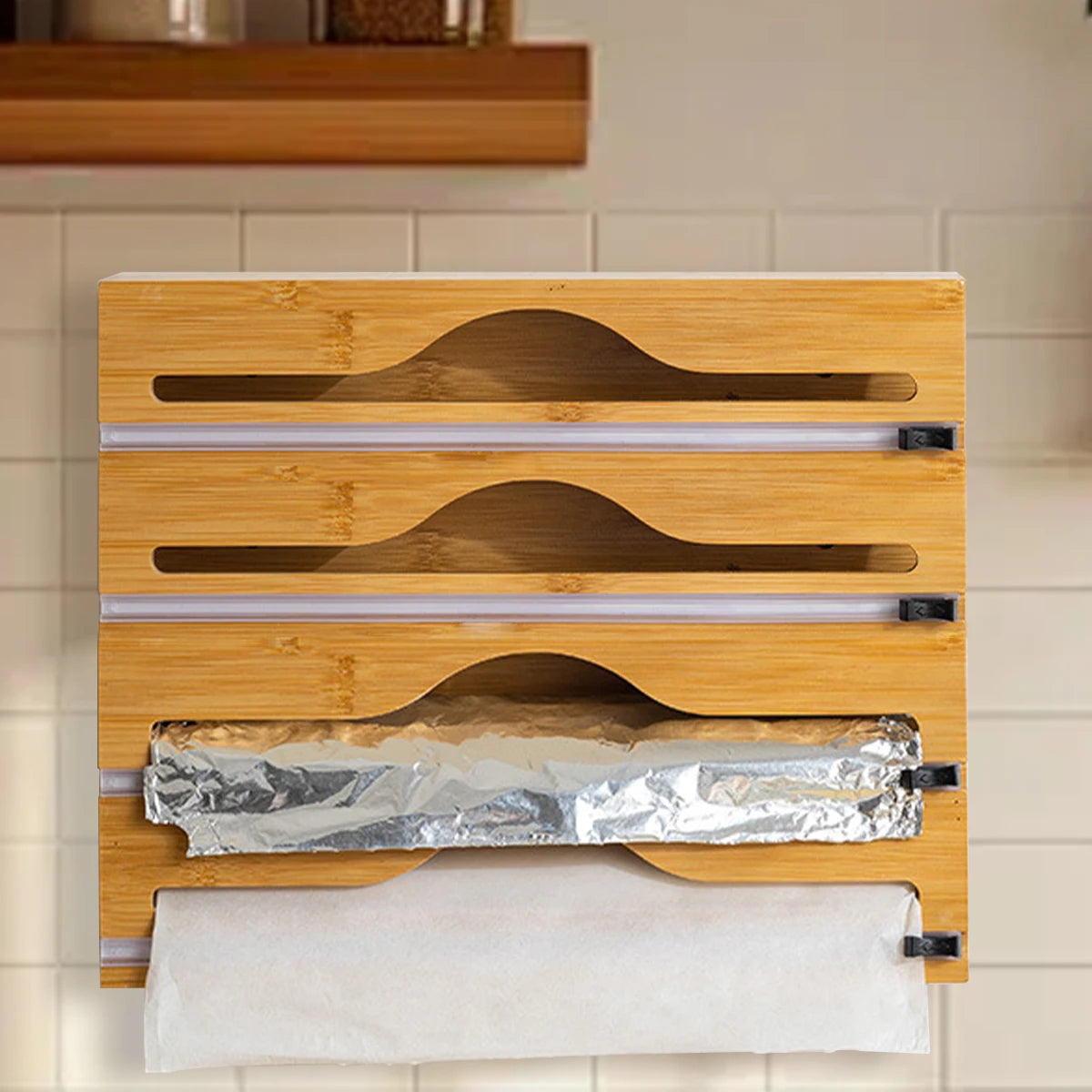 Bamboo Kitchen Wrap Dispenser with Built-In Cutter for Foil, Cling Film & Bags – Multi-Use Storage & Easy Cutting Organizer