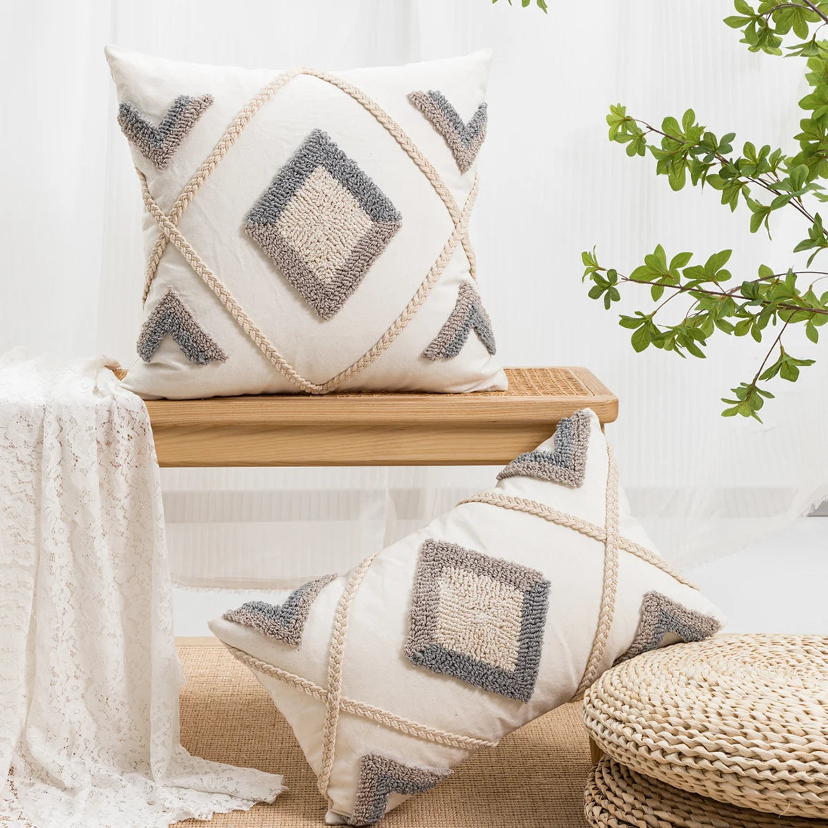 1-Piece Looped Pile Diamond Weave Throw Pillow Cover for Sofa, Bedroom & Living Room