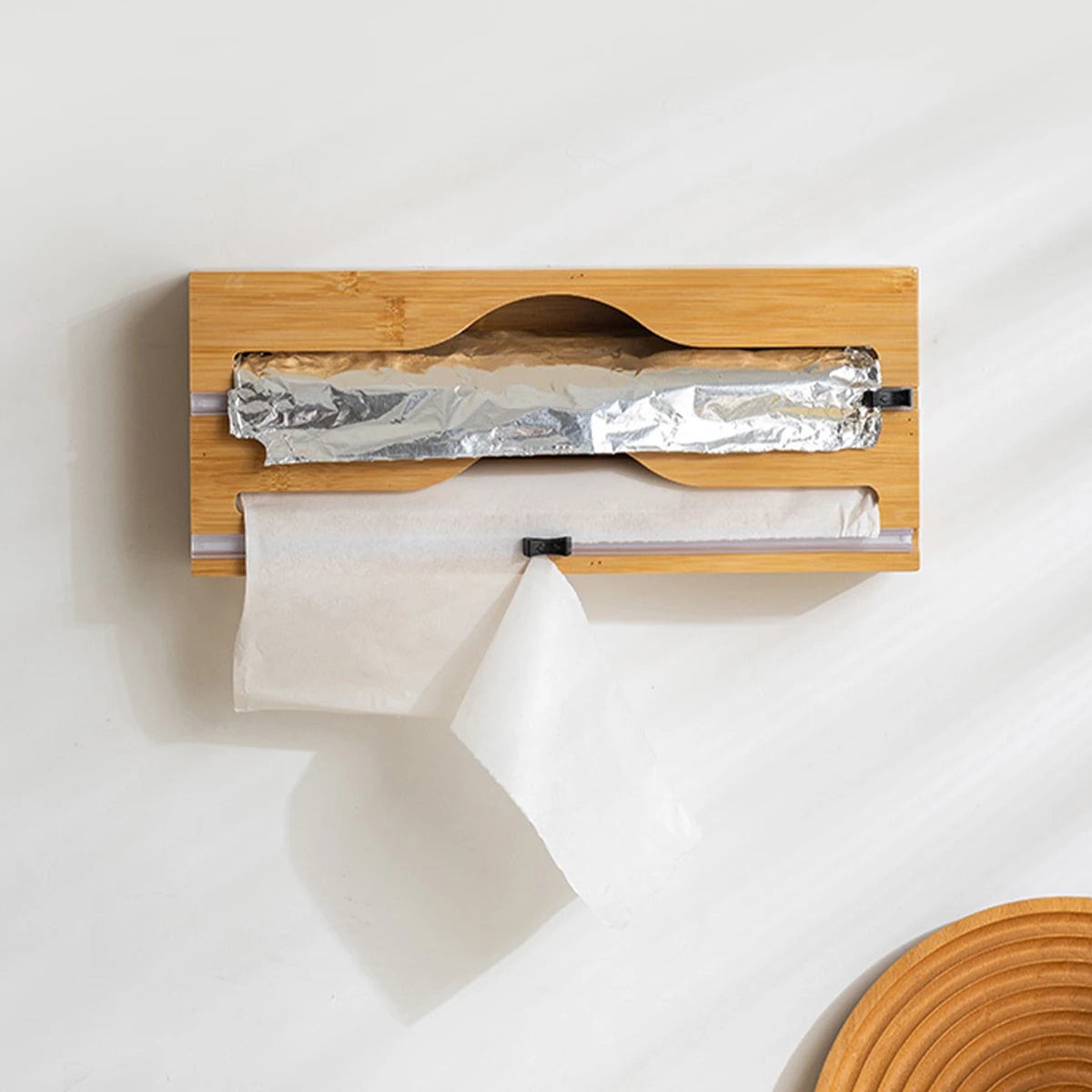Bamboo Kitchen Wrap Dispenser with Built-In Cutter for Foil, Cling Film & Bags – Multi-Use Storage & Easy Cutting Organizer