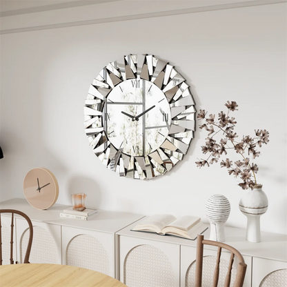 Large 32” 3D Mirrored Wall Clock – Sunburst Design with Roman Numerals for Living Room Decor