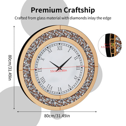 60/80CM Silver Mirrored Wall Clock | Glam Sparkle Round Home Decor