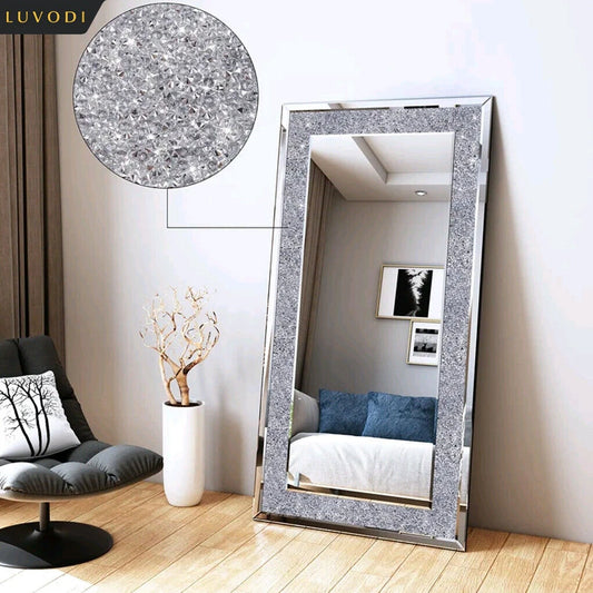 LUVODI Large Silver Crystal Wall Mirror Frameless Vanity Dressing Mirror
