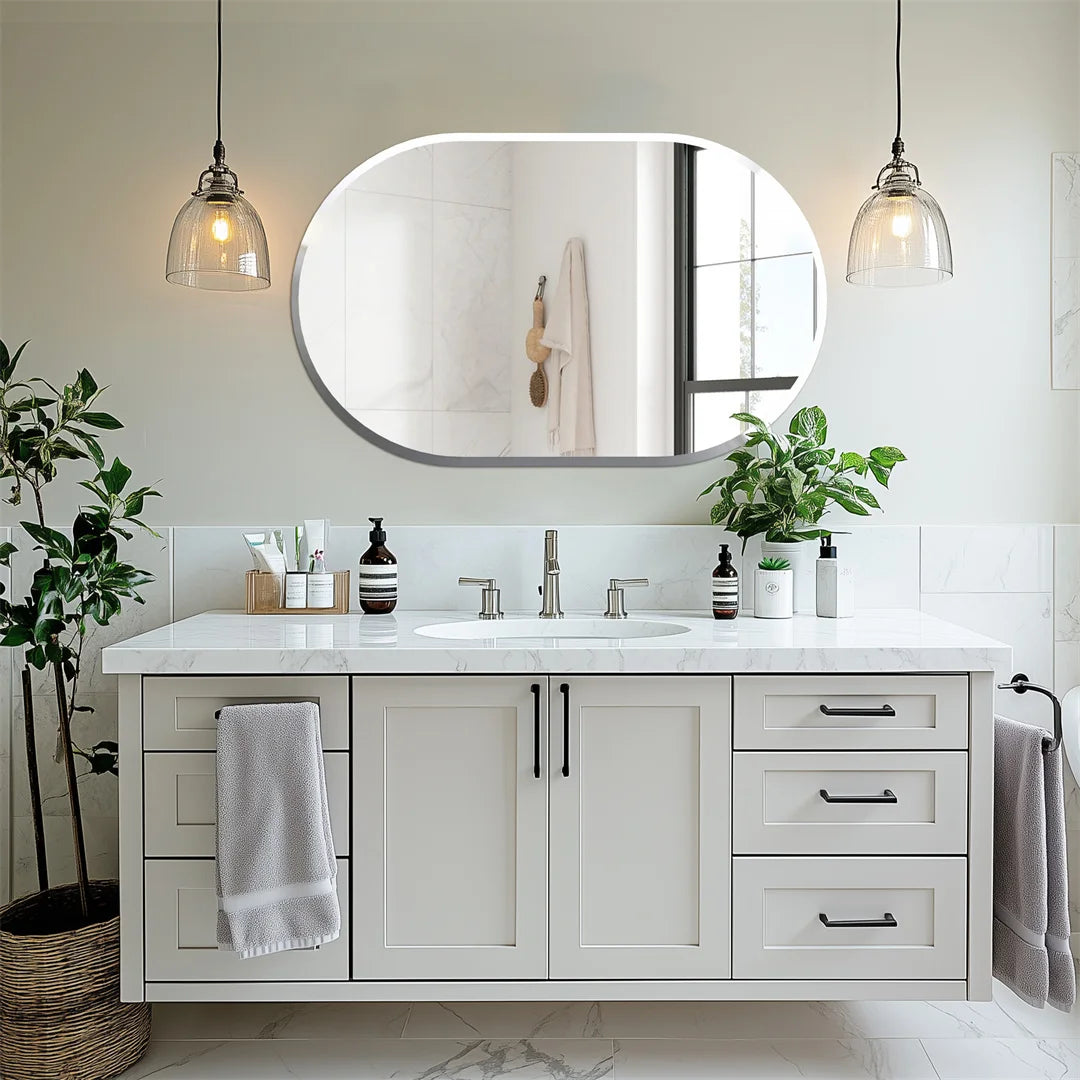 Frameless Long Oval Wall Mirror with Beveled Edge – Silver Glass Vanity Mirror for Bathroom & Entryway