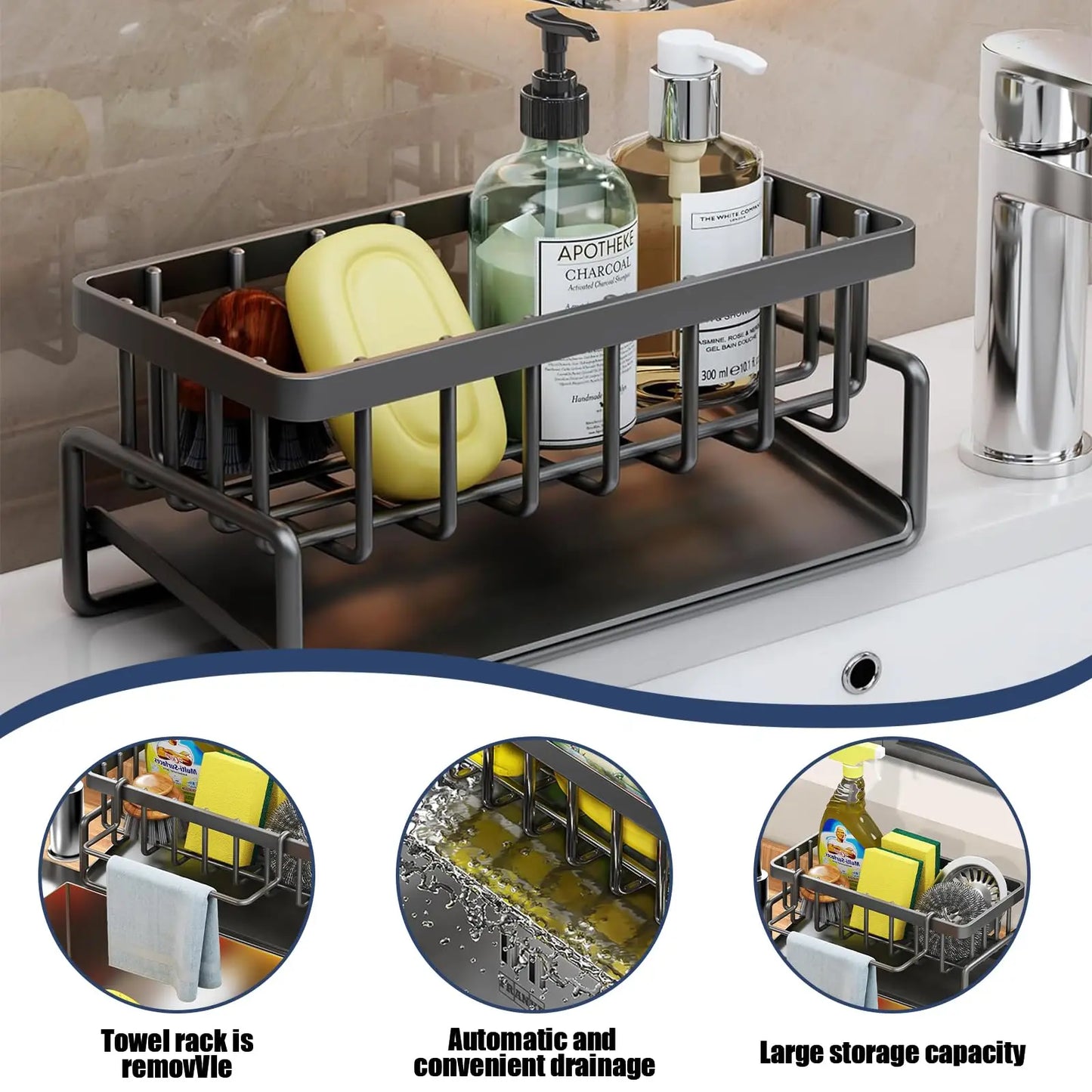 Kitchen Sink Sponge Holder, Sink Caddy Organizer with Divider for Dish Sponges & Cleaning Tools